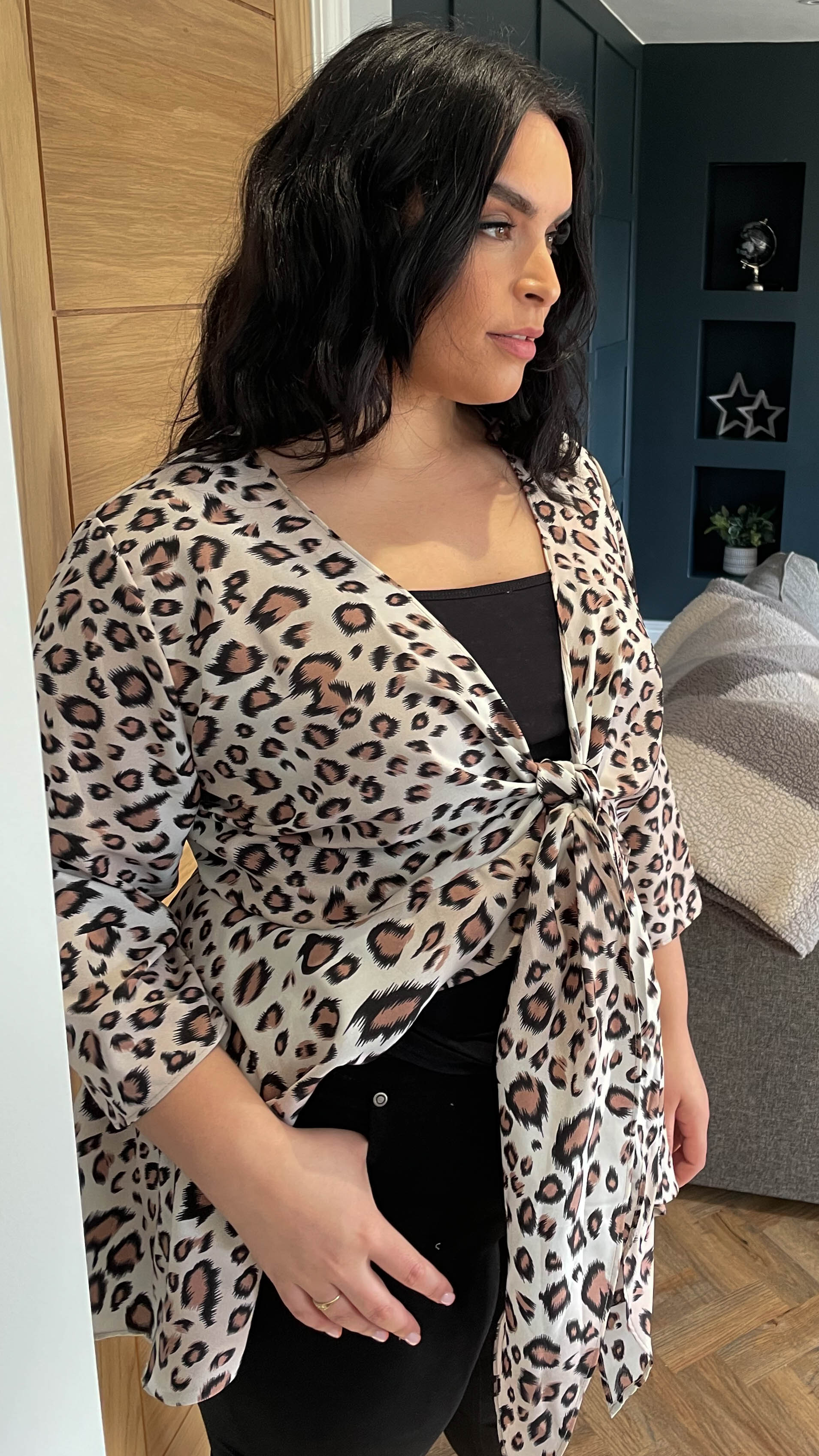 CurveWow Tie Front Peplum Top Leopard Print