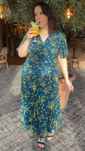 CurveWow Mesh Angel Sleeve Dress Navy Yellow Floral