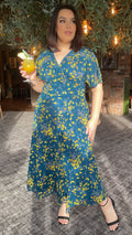 CurveWow Mesh Angel Sleeve Dress Navy Yellow Floral