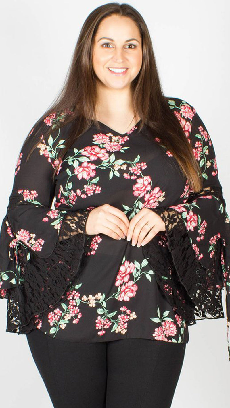 Erin Lace Sleeve V-Neck Top Floral