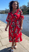CurveWow Red Floral Wrap Dress
