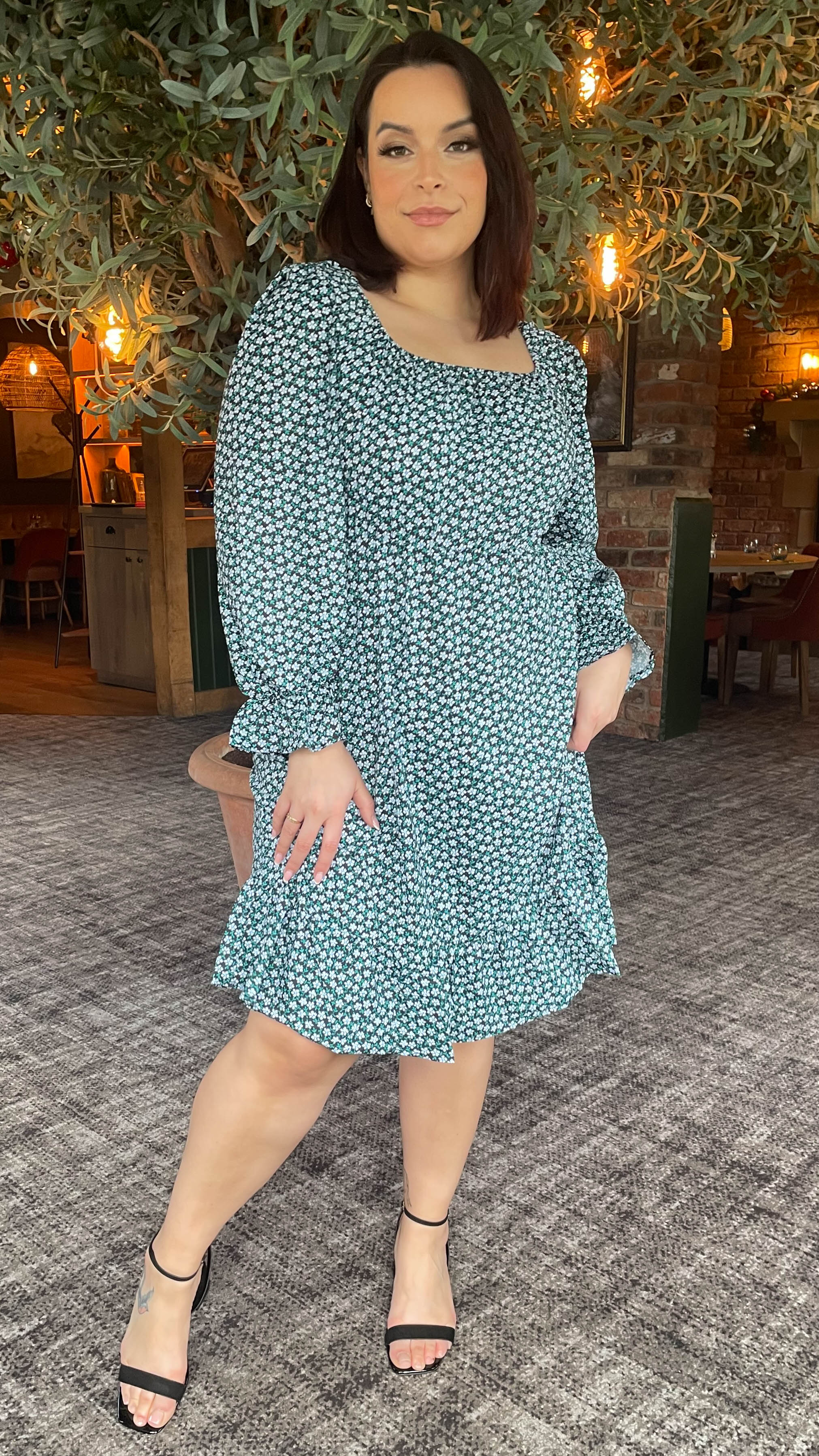 CurveWow Square Neck Dress Ditsy Print