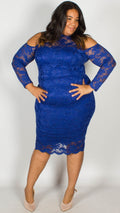 Ursula Premium Cold Shoulder Lace Midi Dress Blue