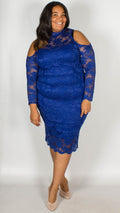 Ursula Premium Cold Shoulder Lace Midi Dress Blue