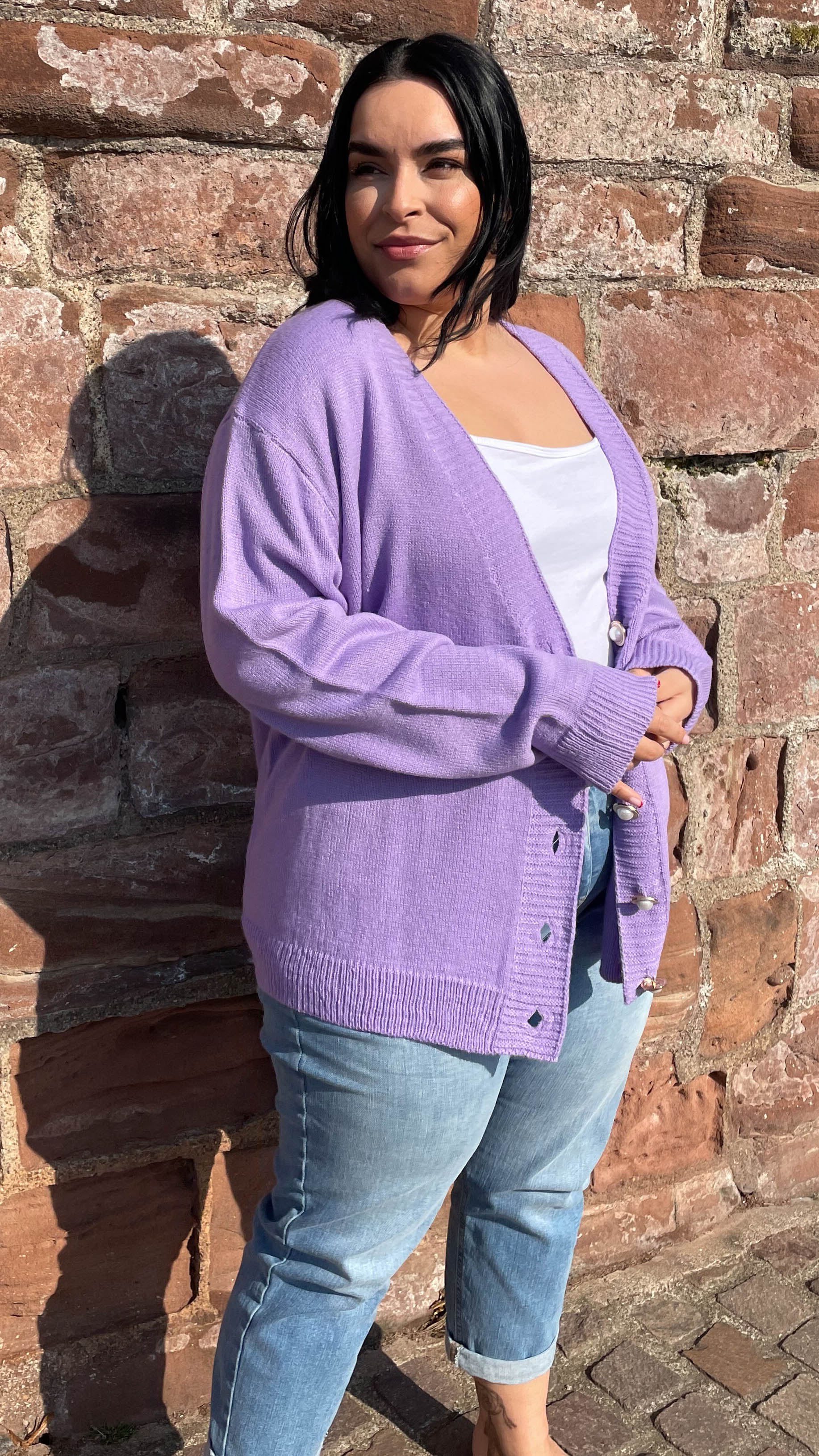 CurveWow Pearl Buttoned Cardigan Lilac
