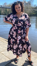 CurveWow Wrap Midi Dress Black Pink Floral
