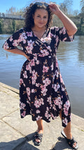 CurveWow Wrap Midi Dress Black Pink Floral