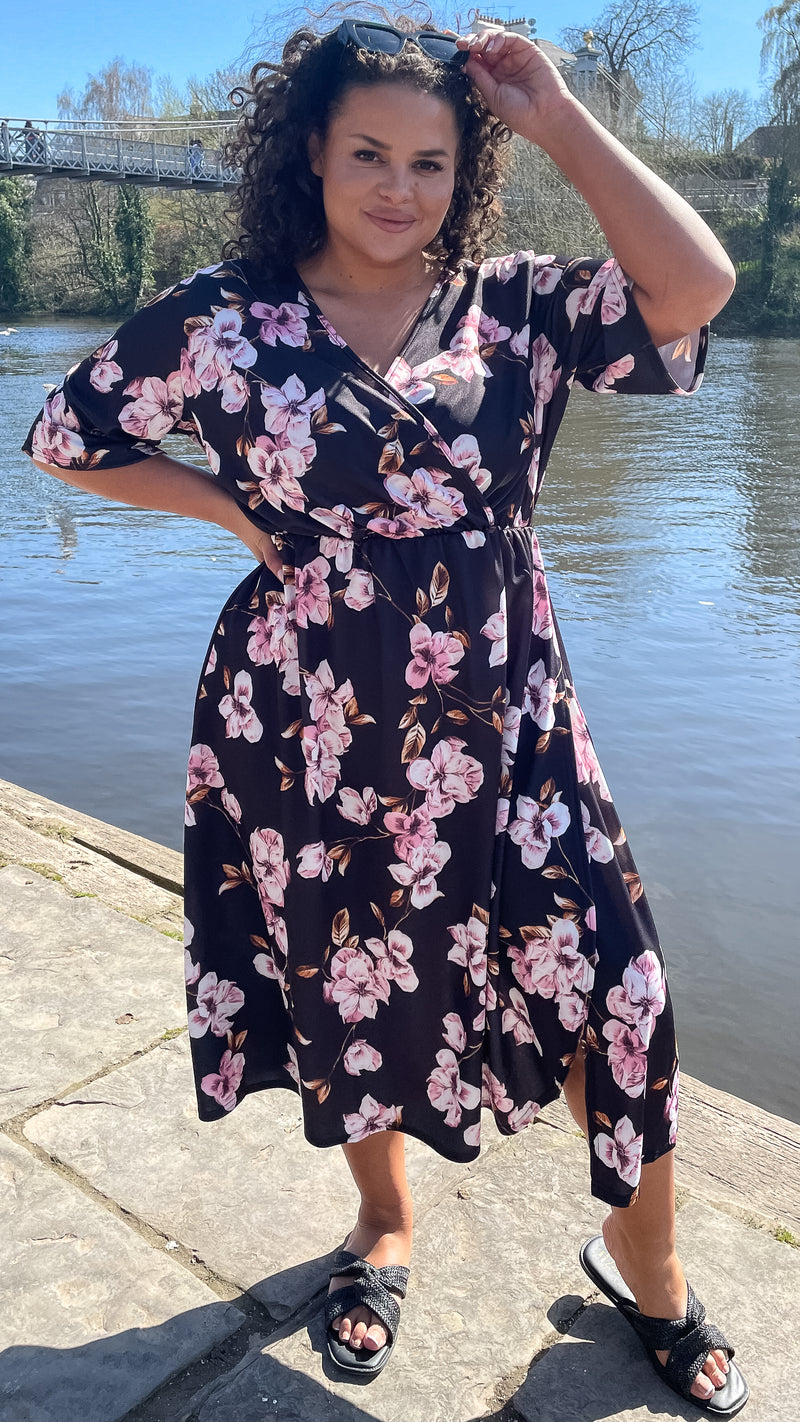 CurveWow Wrap Midi Dress Black Pink Floral
