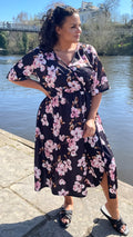 CurveWow Wrap Midi Dress Black Pink Floral