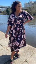 CurveWow Wrap Midi Dress Black Pink Floral