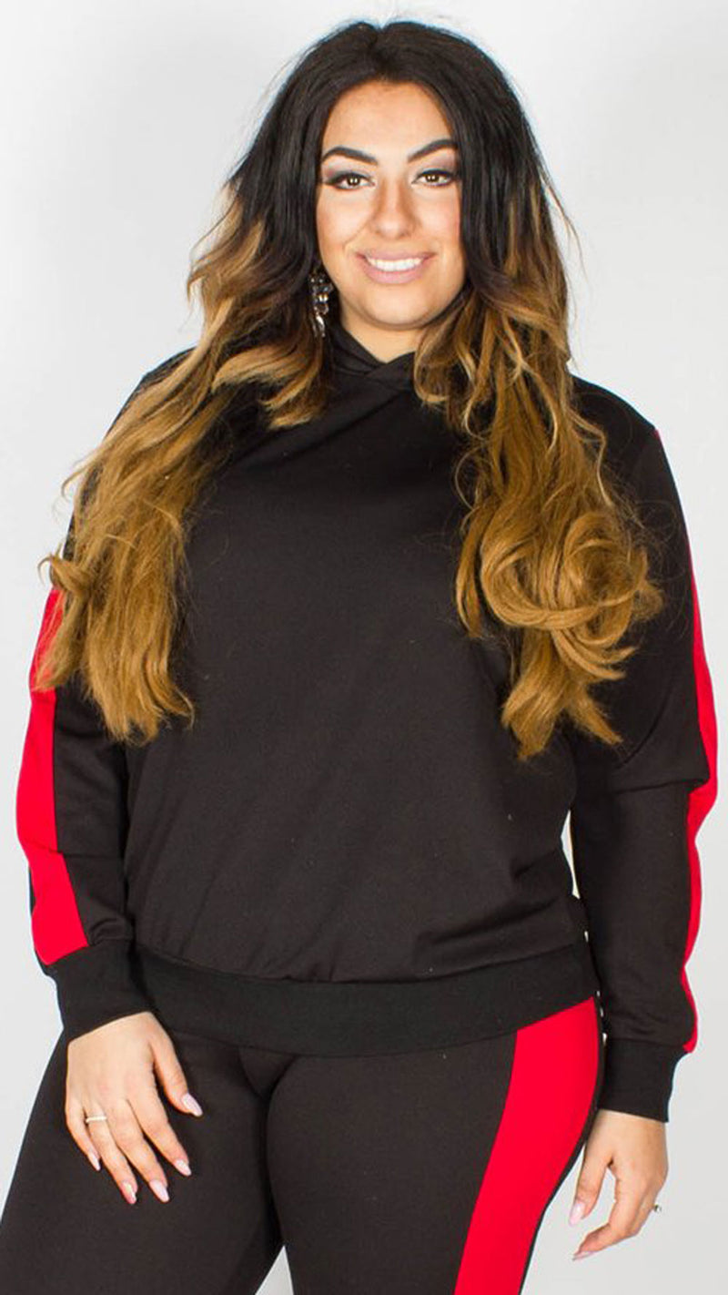 Lucille Black Lounge Hooded Top with Red Stripe