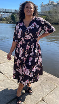 CurveWow Wrap Midi Dress Black Pink Floral
