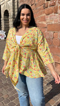 CurveWow Tie Front Peplum Top Yellow Floral