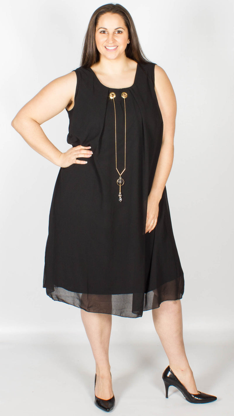 Billie Chiffon Style Necklace Detail Black Swing Dress