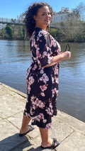 CurveWow Wrap Midi Dress Black Pink Floral