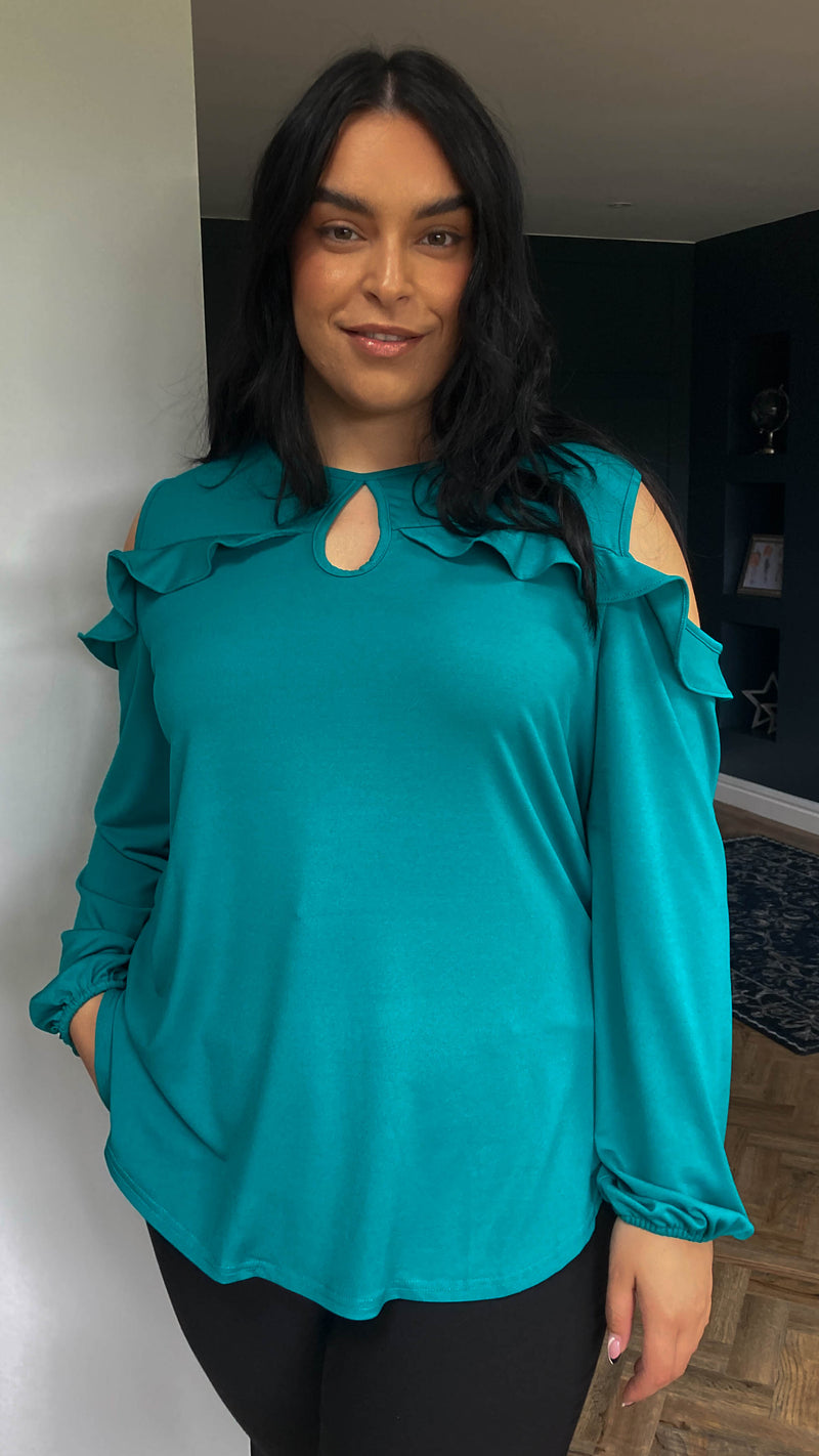 CurveWow Cold Shoulder Frill Top Green