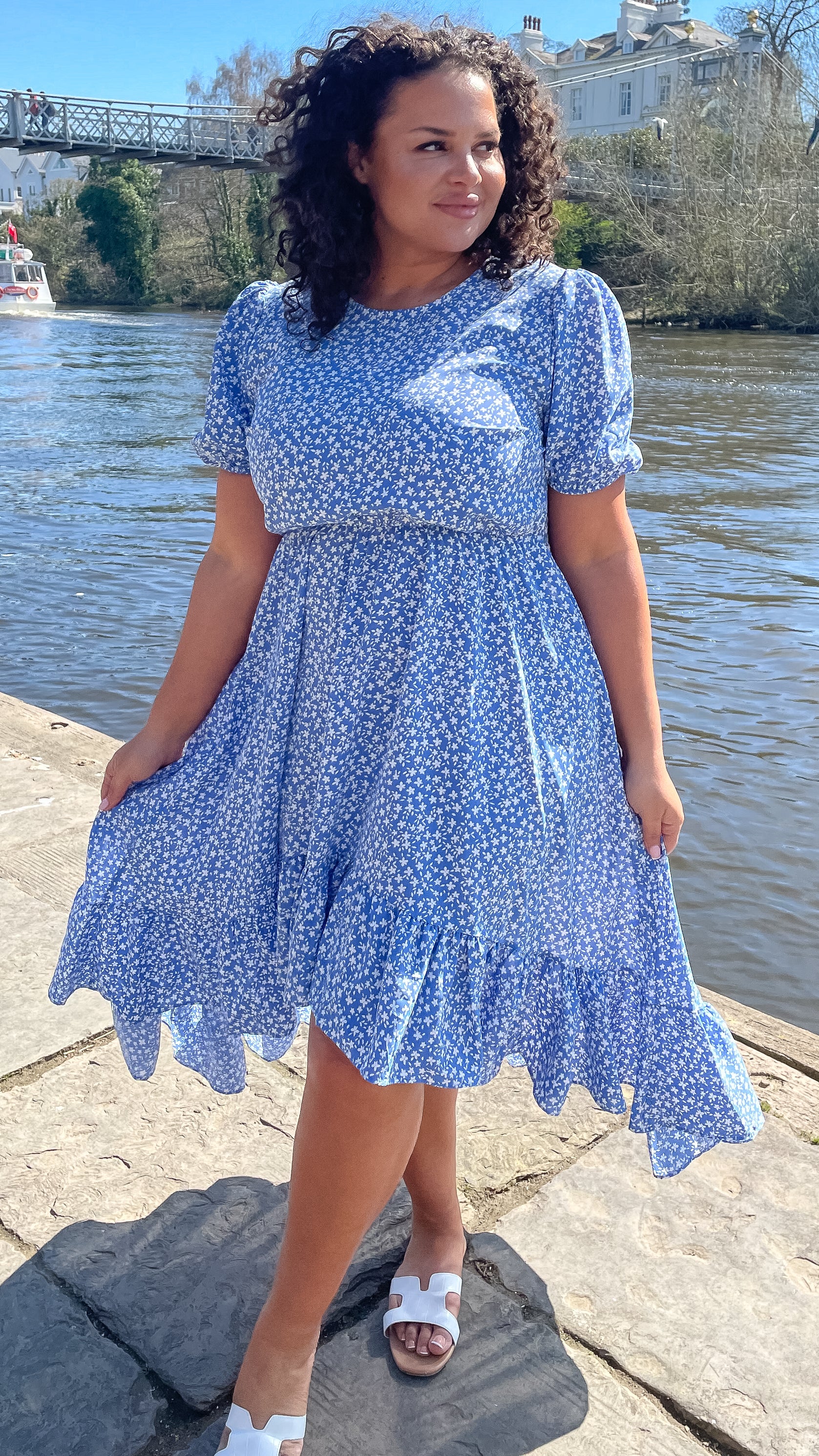 CurveWow Frill Dipped Hem Dress Blue Ditsy