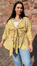 CurveWow Tie Front Peplum Top Yellow Floral