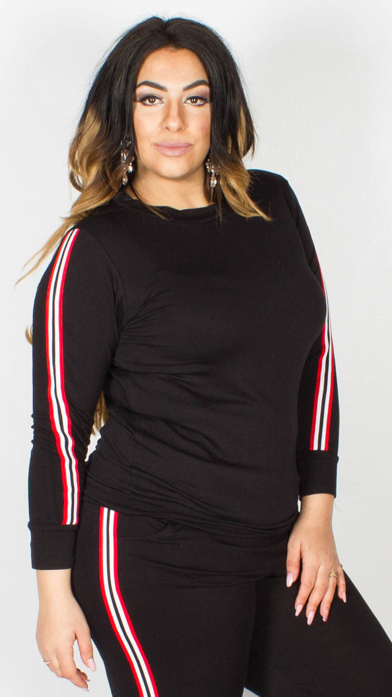 Yasmin Black Lounge Sweatshirt with Red and White Stripes