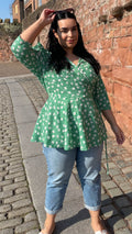 CurveWow 3/4 Sleeve Wrap Top Green Floral