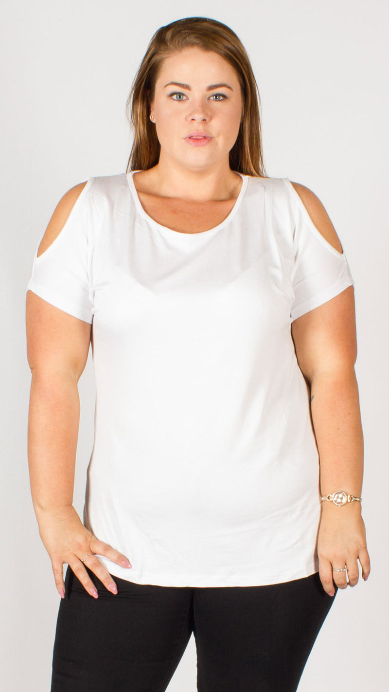 White Cold Shoulder Plain T-Shirt Top