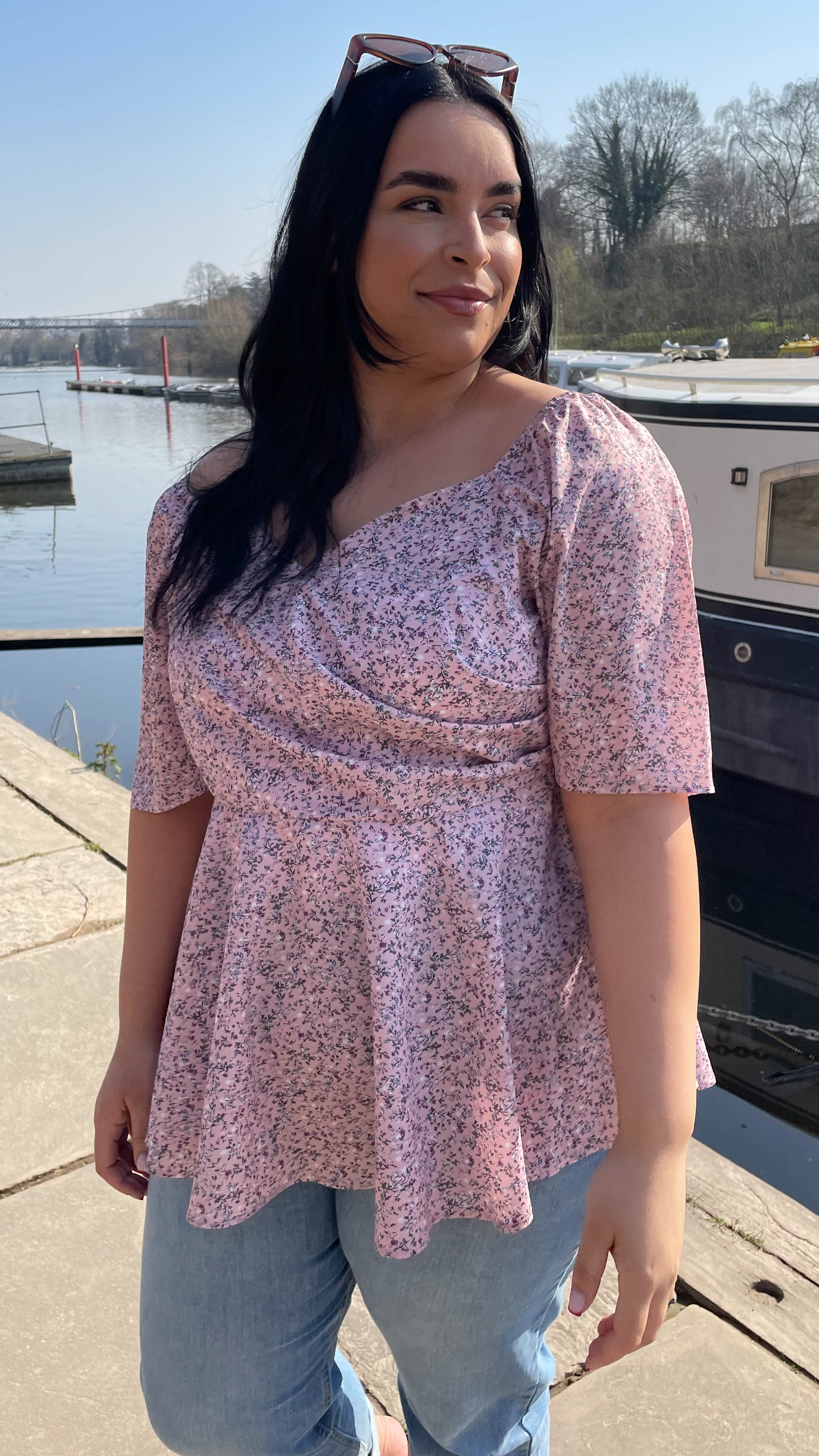 CurveWow Sweetheart Peplum Top Pink Ditsy