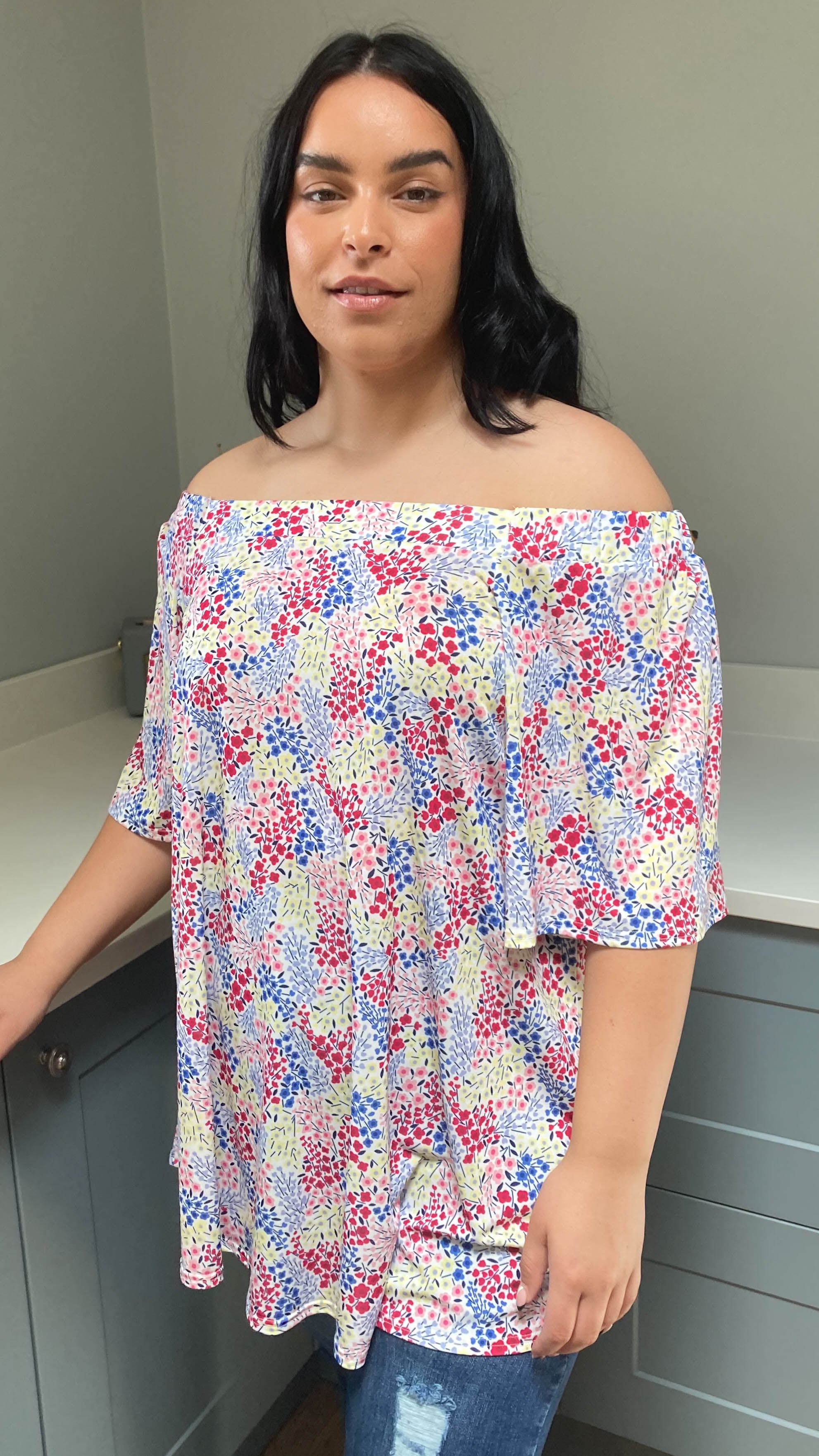 CurveWow Bardot Top White Ditsy Floral