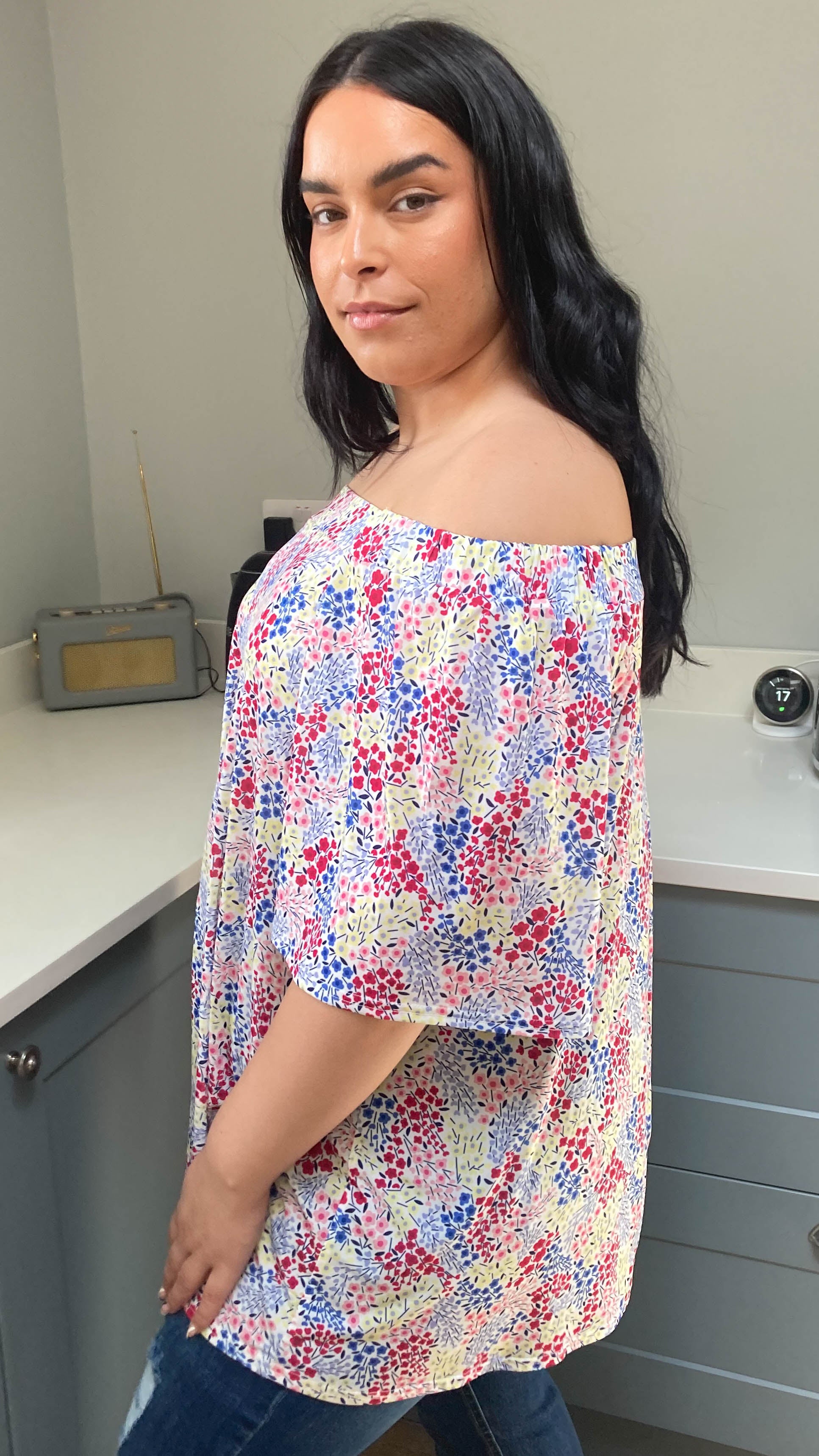 CurveWow Bardot Top White Ditsy Floral