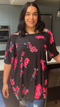 CurveWow Bardot Top Black with Pink Floral