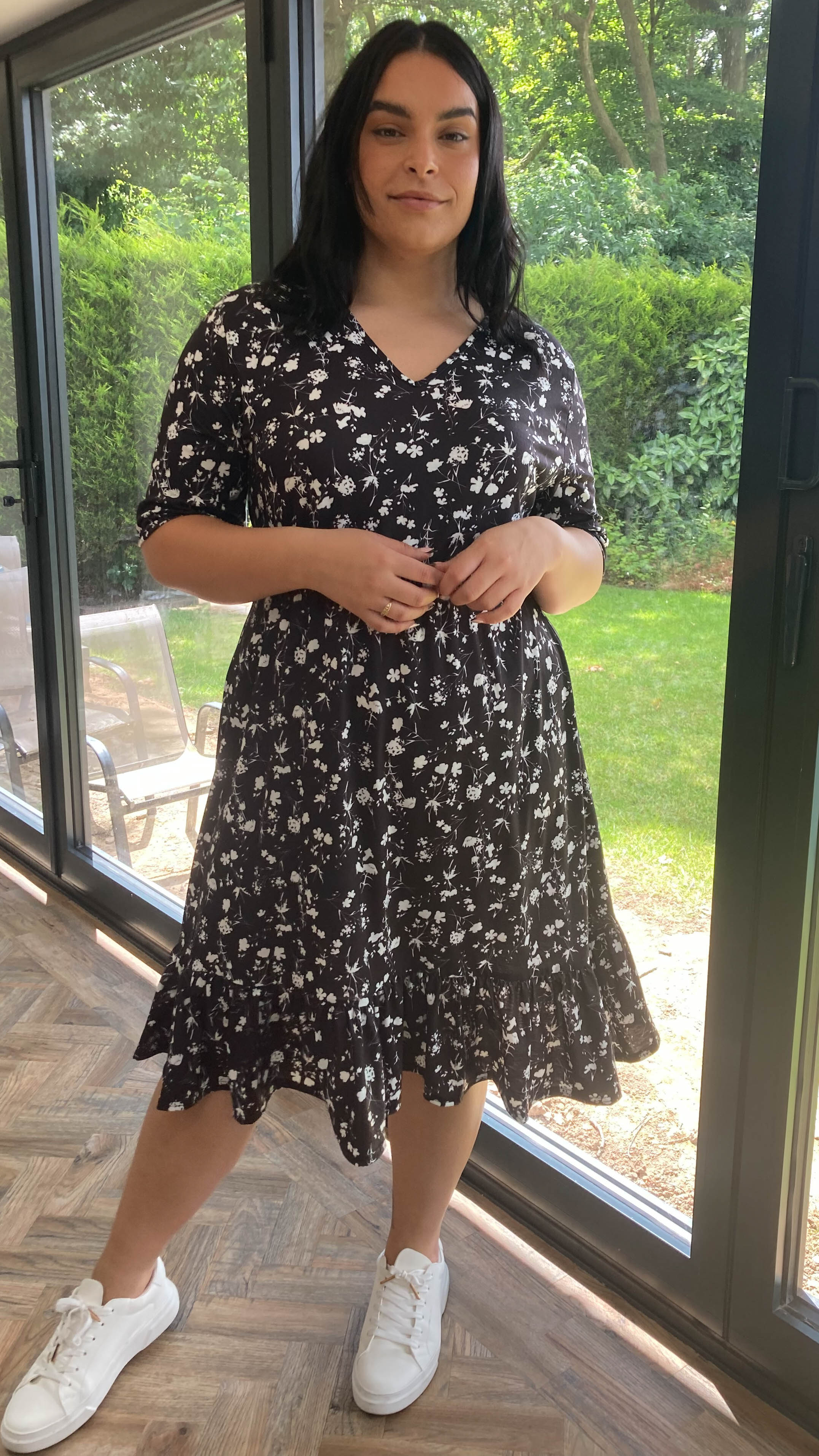 CurveWow Black Floral Tiered Smock Dress