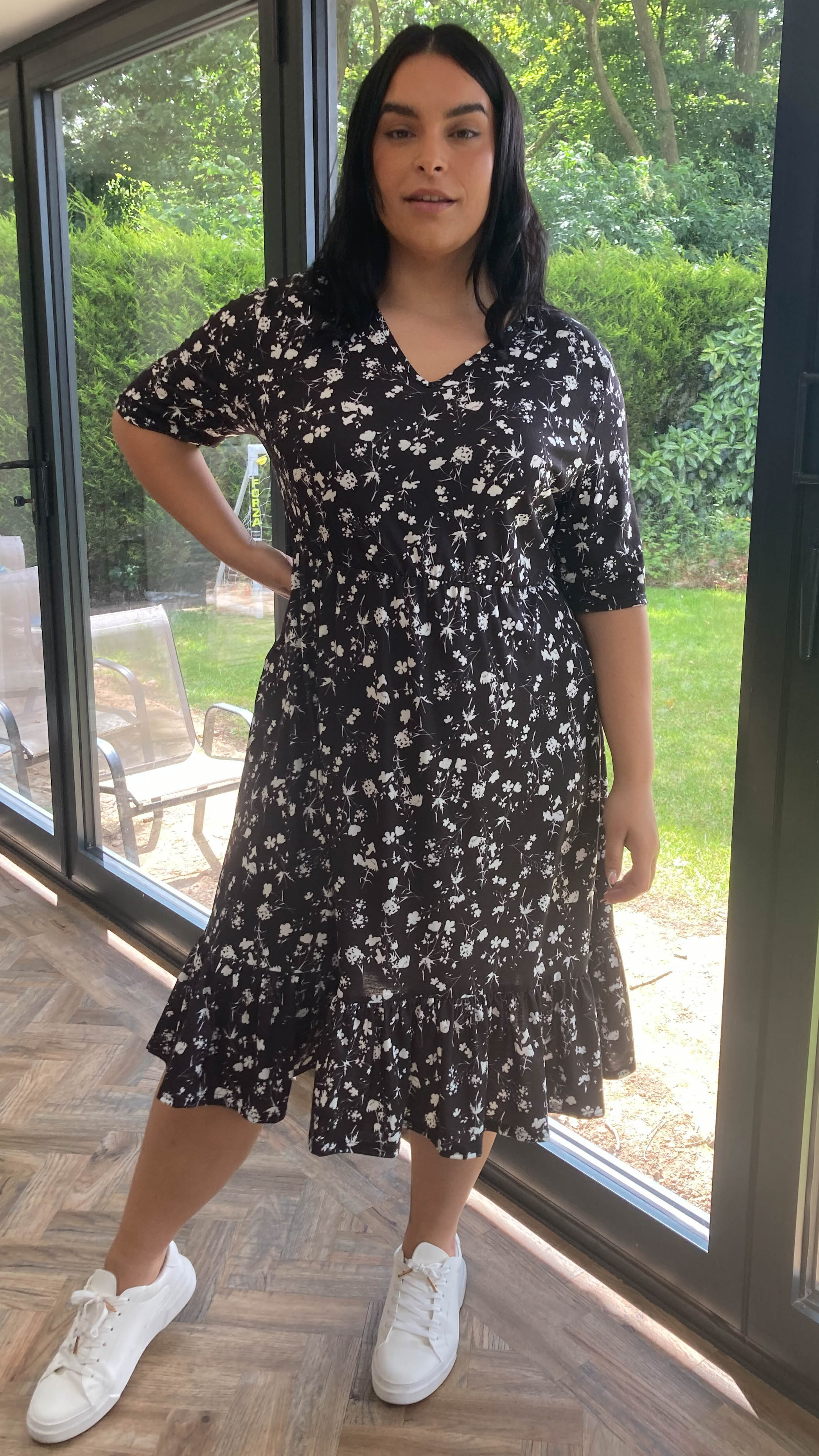 CurveWow Black Floral Tiered Smock Dress
