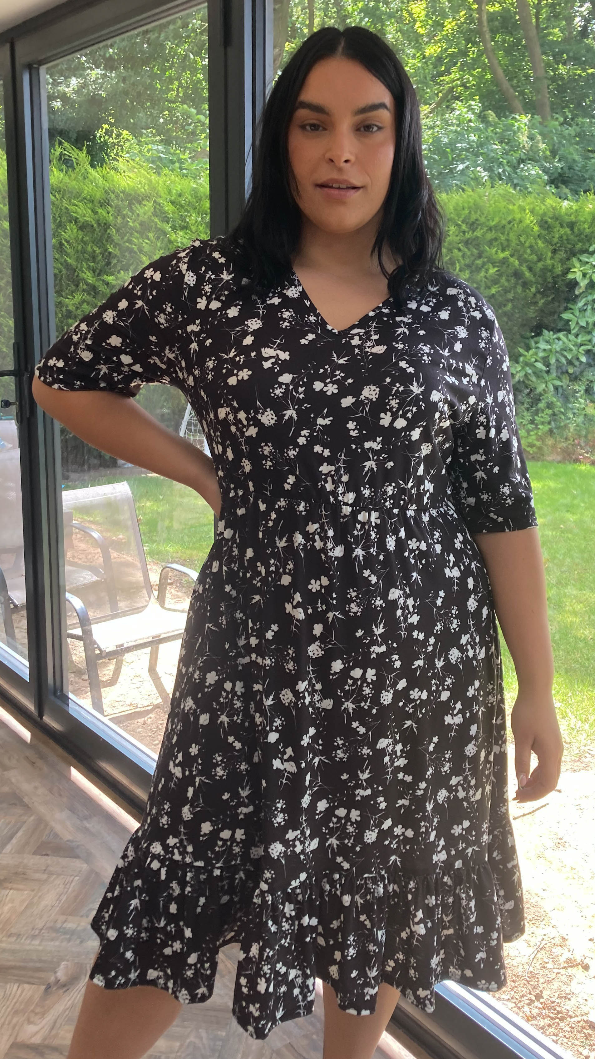 CurveWow Black Floral Tiered Smock Dress
