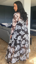CurveWow Printed Mesh Maxi Dress Black White Floral