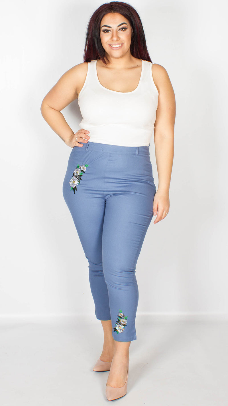 Patricia Pale Blue Floral Embroidered Cotton Trousers