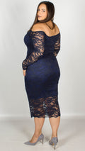 CurveWow Off the Shoulder Lace Midi Dress Navy