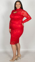 Rosario Red Midi Dress with Long Sleeves & Scallop Detailing
