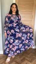CurveWow Printed Mesh Maxi Dress Navy & Pink Floral