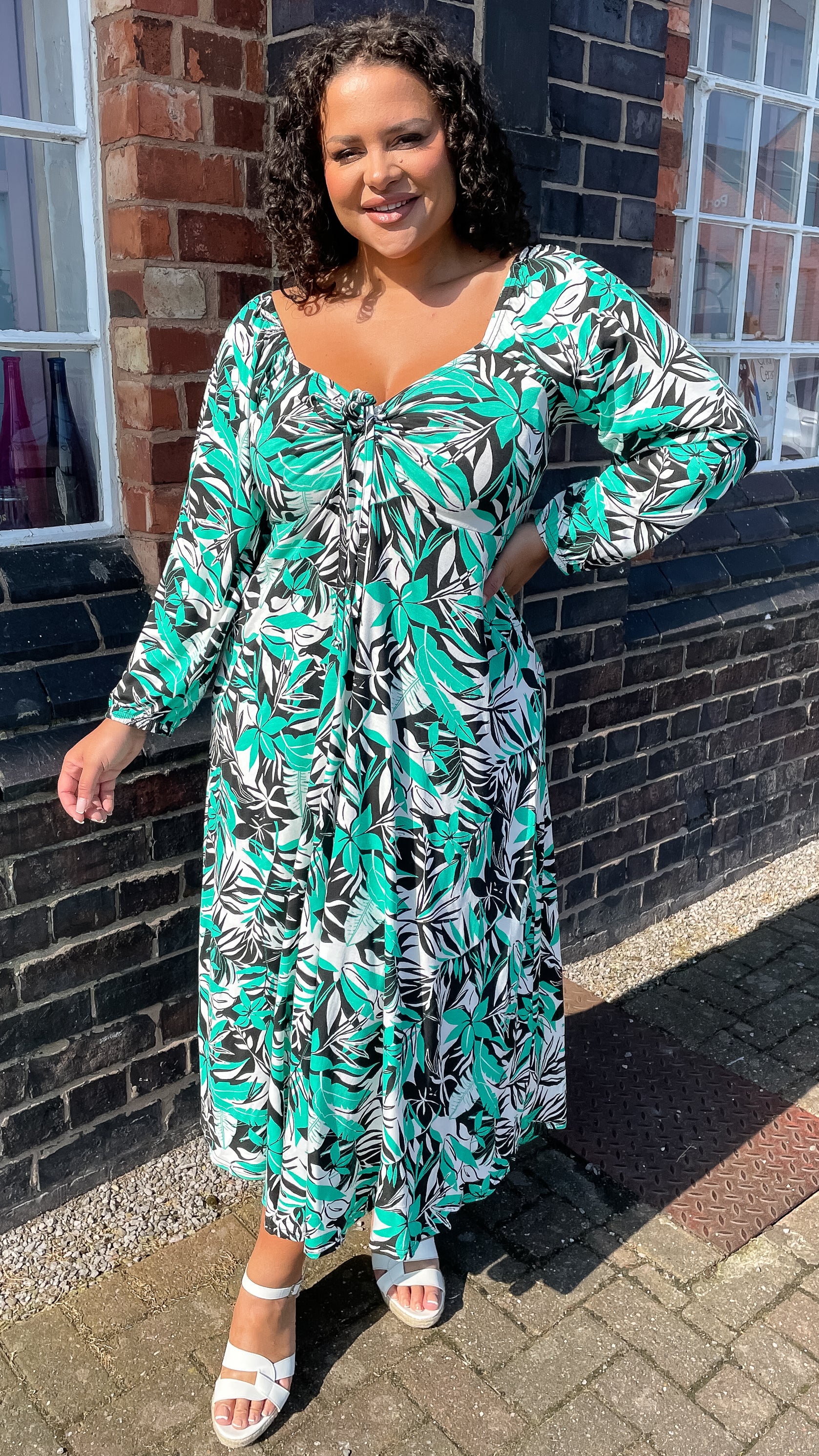CurveWow Green Tropical Print Milkmaid Dress Curvewow CurveWow Green Tropical Print Milkmaid Dress Curvewow