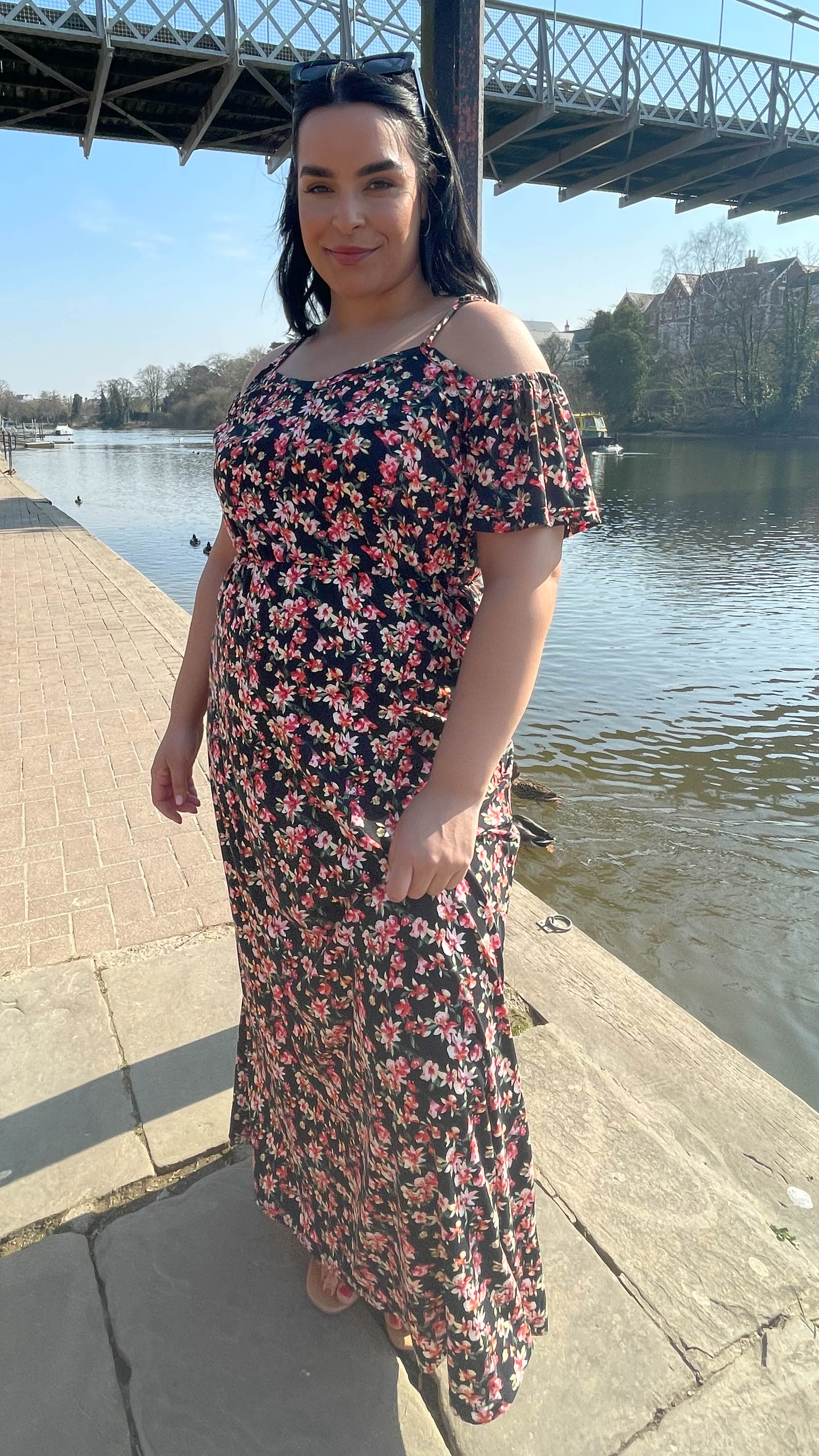 CurveWow Cold Shoulder Maxi Dress Black Floral