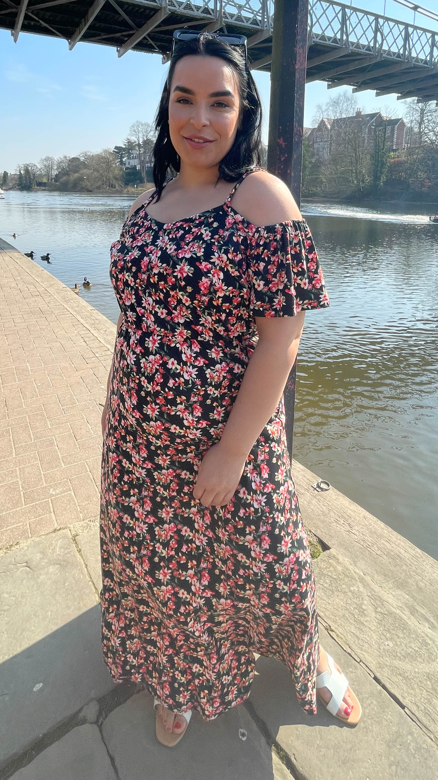 CurveWow Cold Shoulder Maxi Dress Black Floral