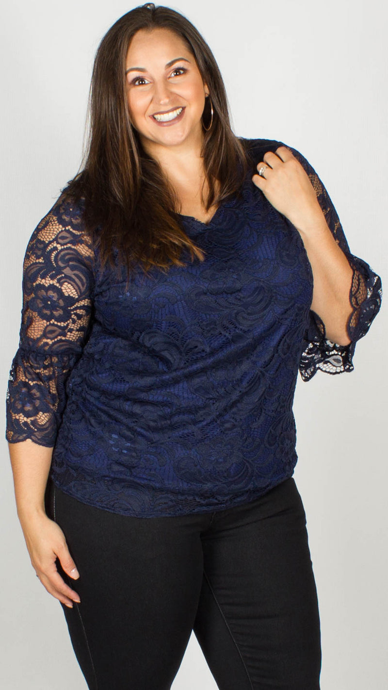 CurveWow Lace V-Neck Top Navy