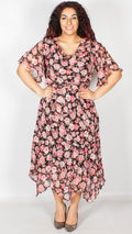 Brianna Black with Pink Floral Printed Midi Dress with Belt