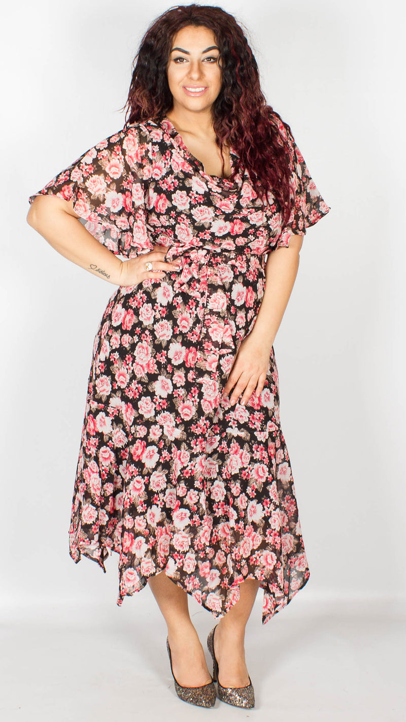 Brianna Black with Pink Floral Printed Midi Dress with Belt