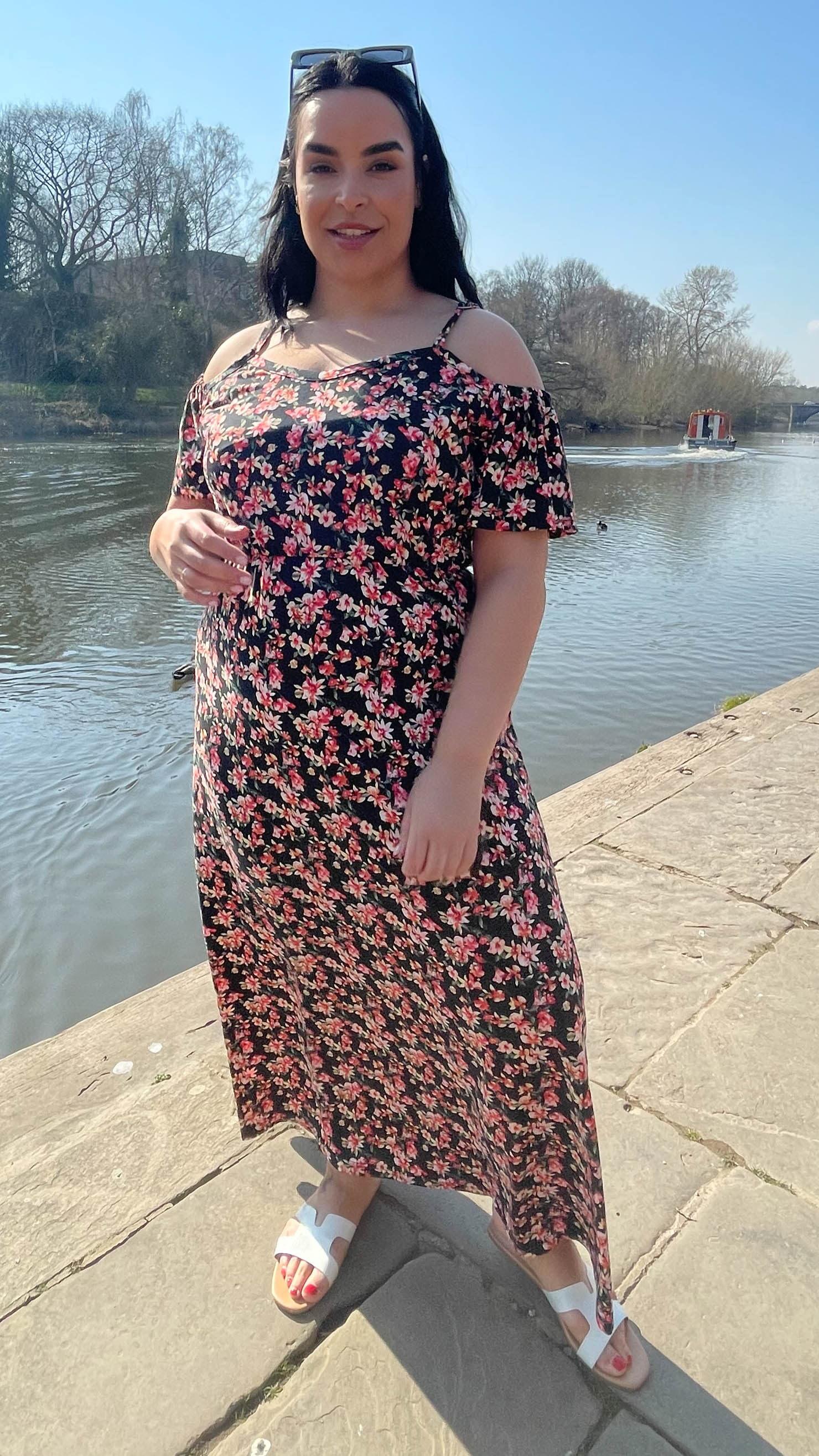 CurveWow Cold Shoulder Maxi Dress Black Floral