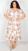 Brianna White with Pink Floral Printed Midi Dress with Belt