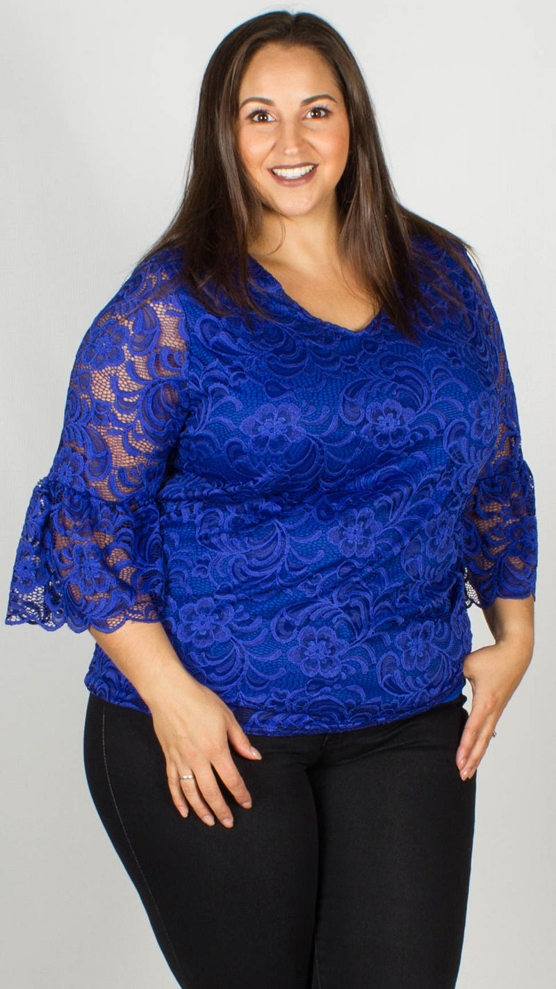 CurveWow Lace V-Neck Top Royal Blue