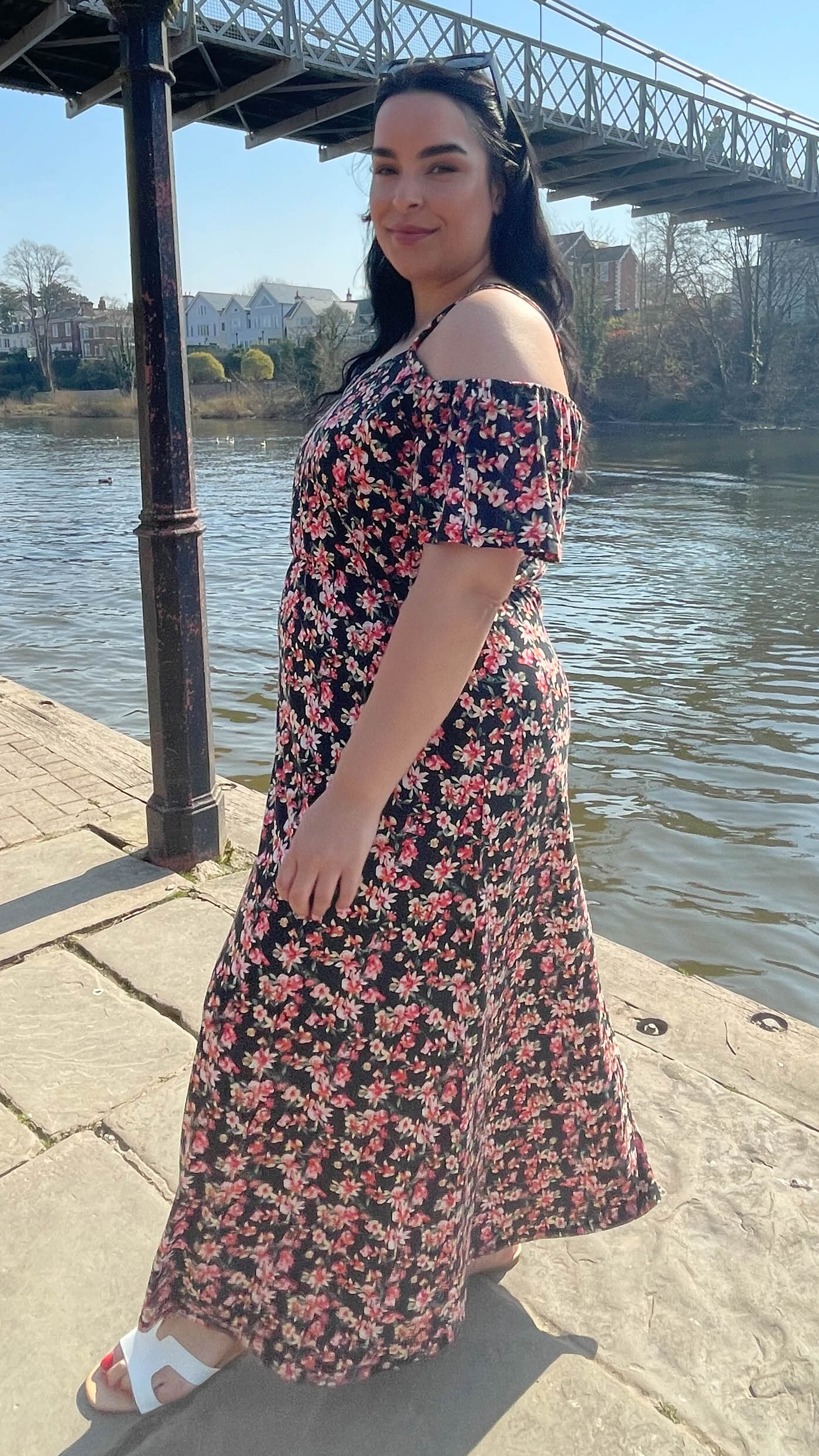 CurveWow Cold Shoulder Maxi Dress Black Floral