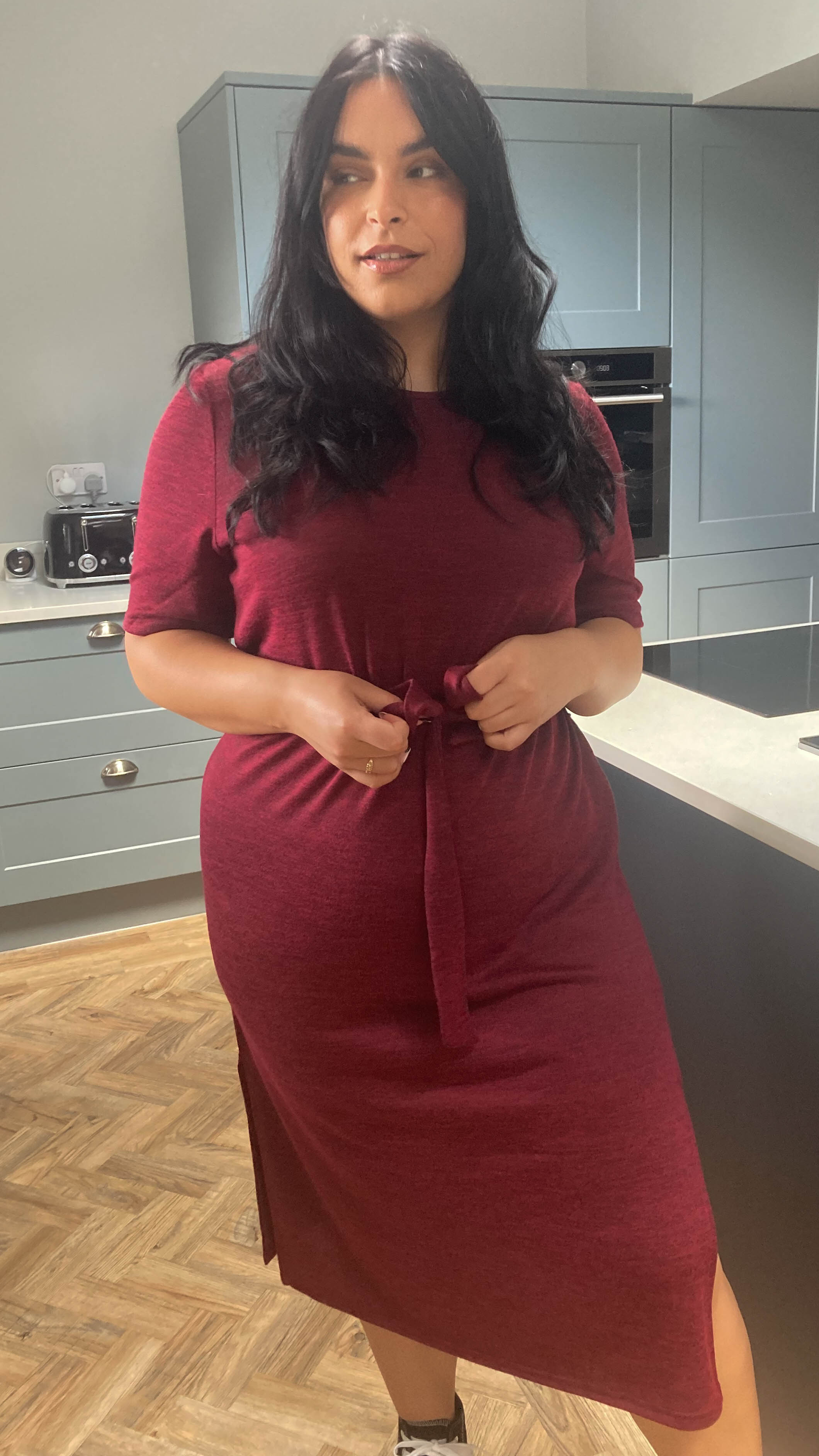 CurveWow Tie Waist Knit Dress Wine