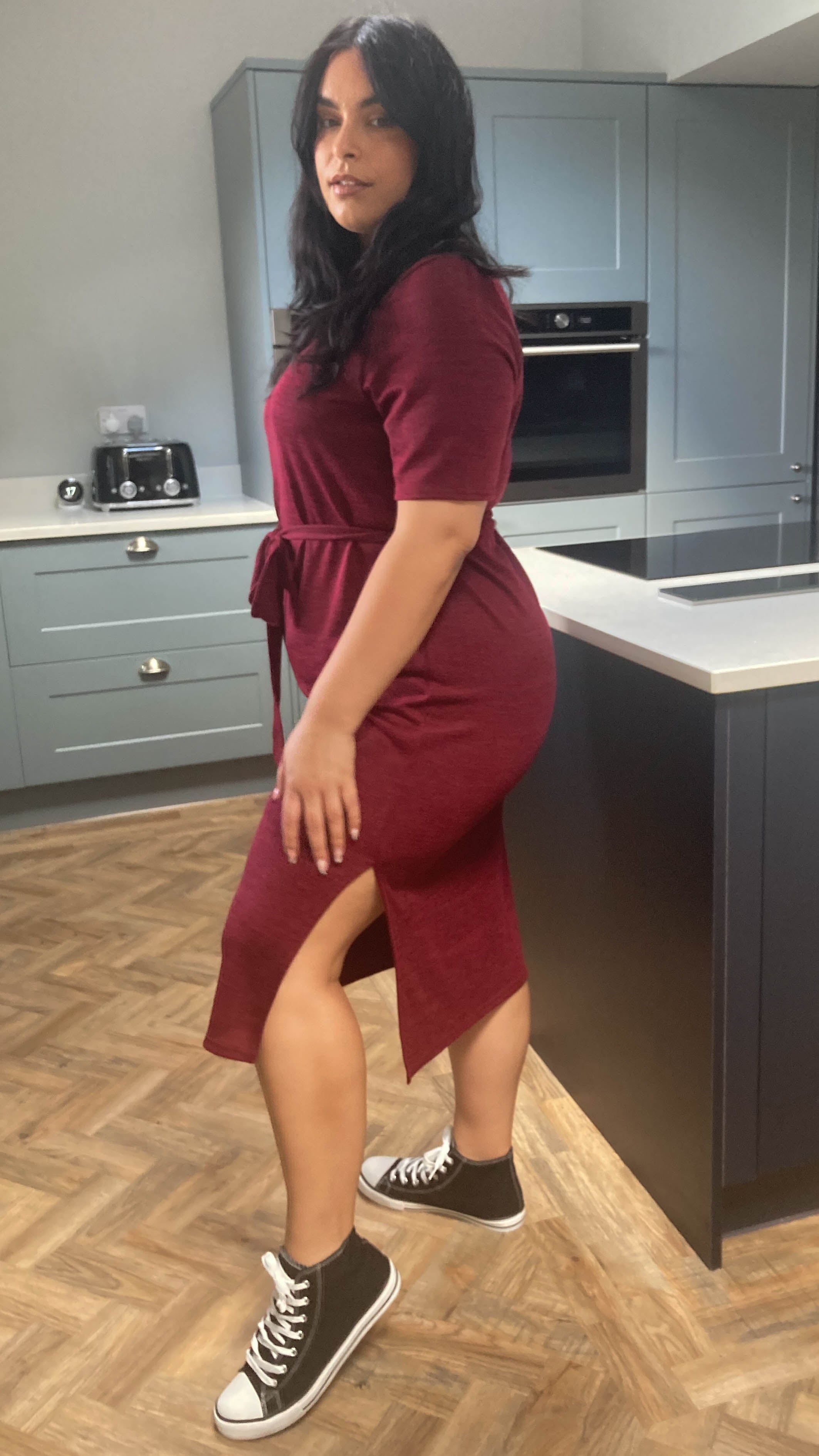 CurveWow Tie Waist Knit Dress Wine