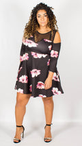 Ayr Black & Pink Floral Cold Shoulder Skater Dress with Mesh Panel